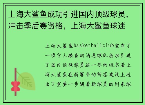 上海大鲨鱼成功引进国内顶级球员，冲击季后赛资格，上海大鲨鱼球迷