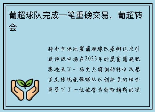 葡超球队完成一笔重磅交易，葡超转会