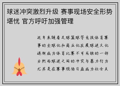 球迷冲突激烈升级 赛事现场安全形势堪忧 官方呼吁加强管理 球迷冲突激烈升级 赛事现场安全形势堪忧 官方呼吁加强管理
